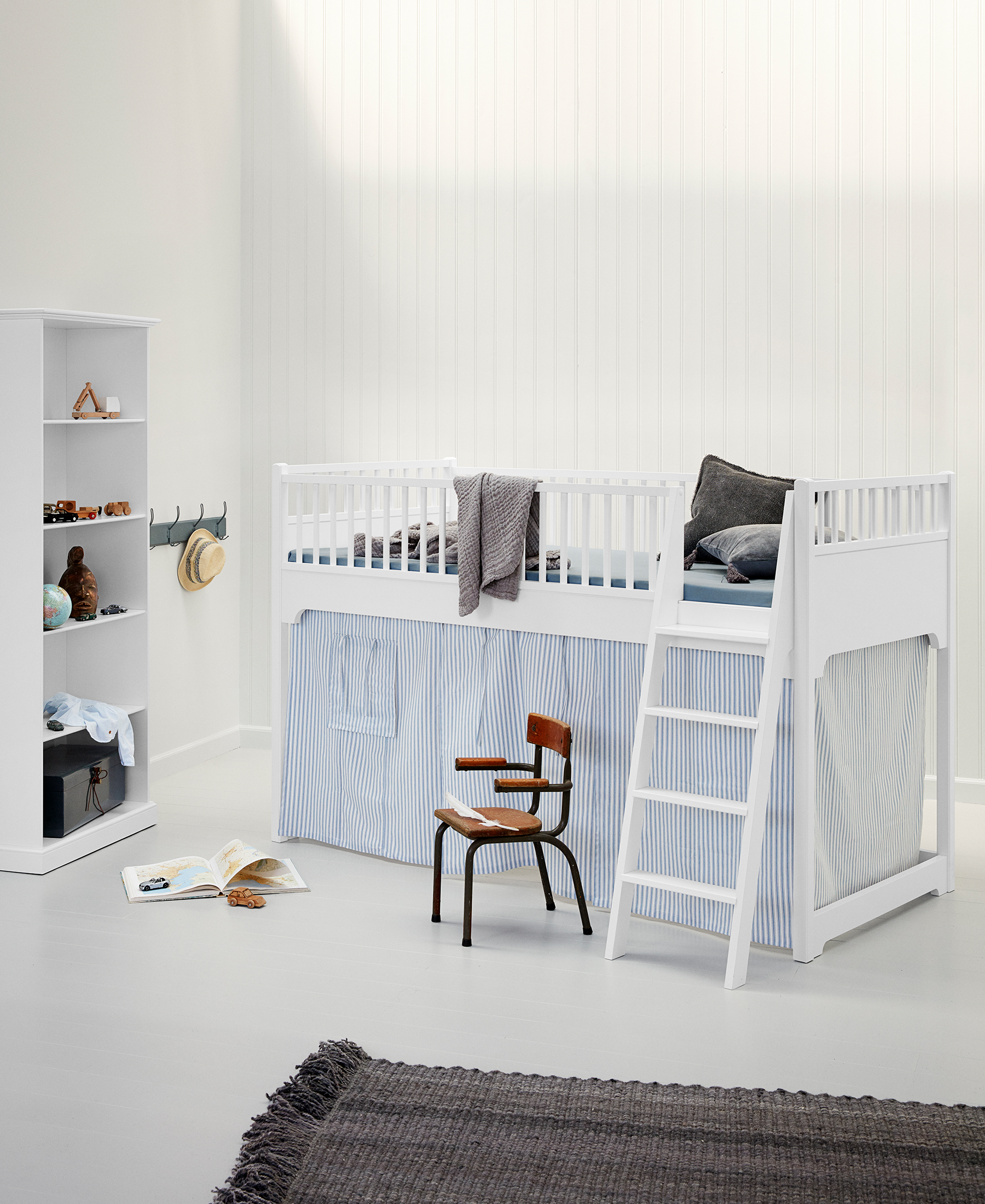 Rideau cabane pour lit mezzanine mi-haut/mi-haut junior et lit superposé Seaside Classic, rayé bleu