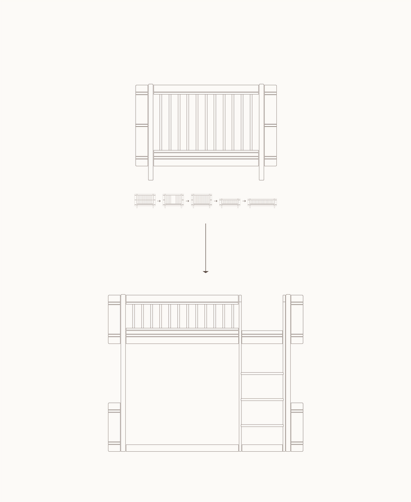 Lit bébé évolutif Mini+, avec kit junior inclus en lit mezzanine mi-haut, chêne
