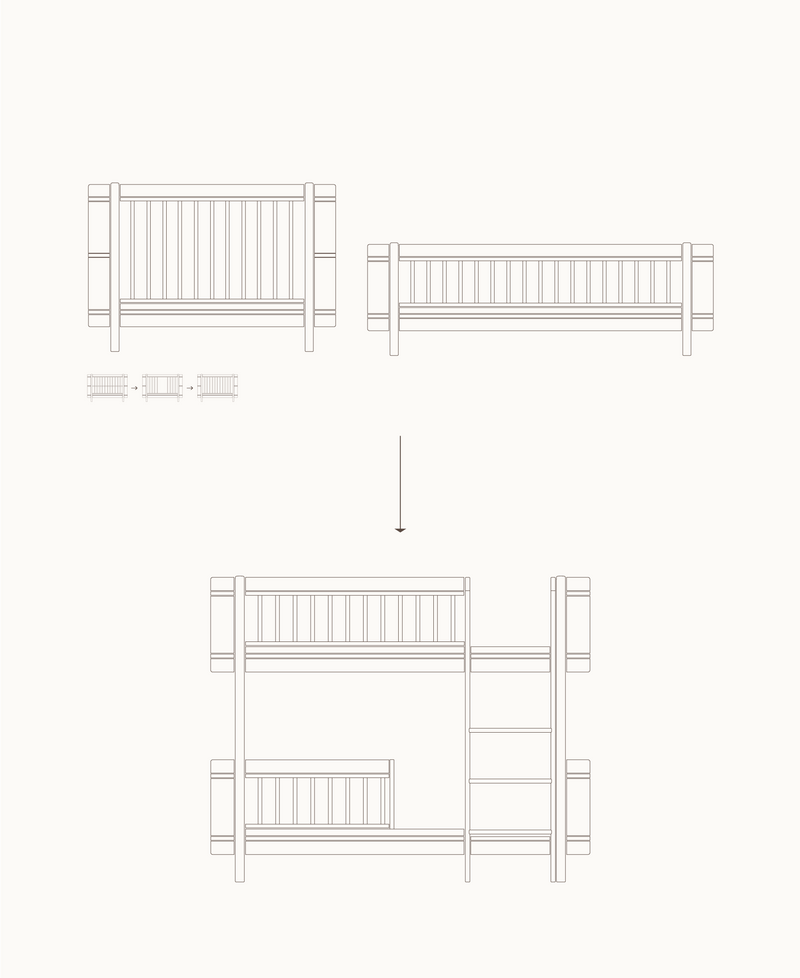 Lit bébé évolutif Mini+ & lit junior Mini+ en lit superposé mi-haut, blanc/chêne